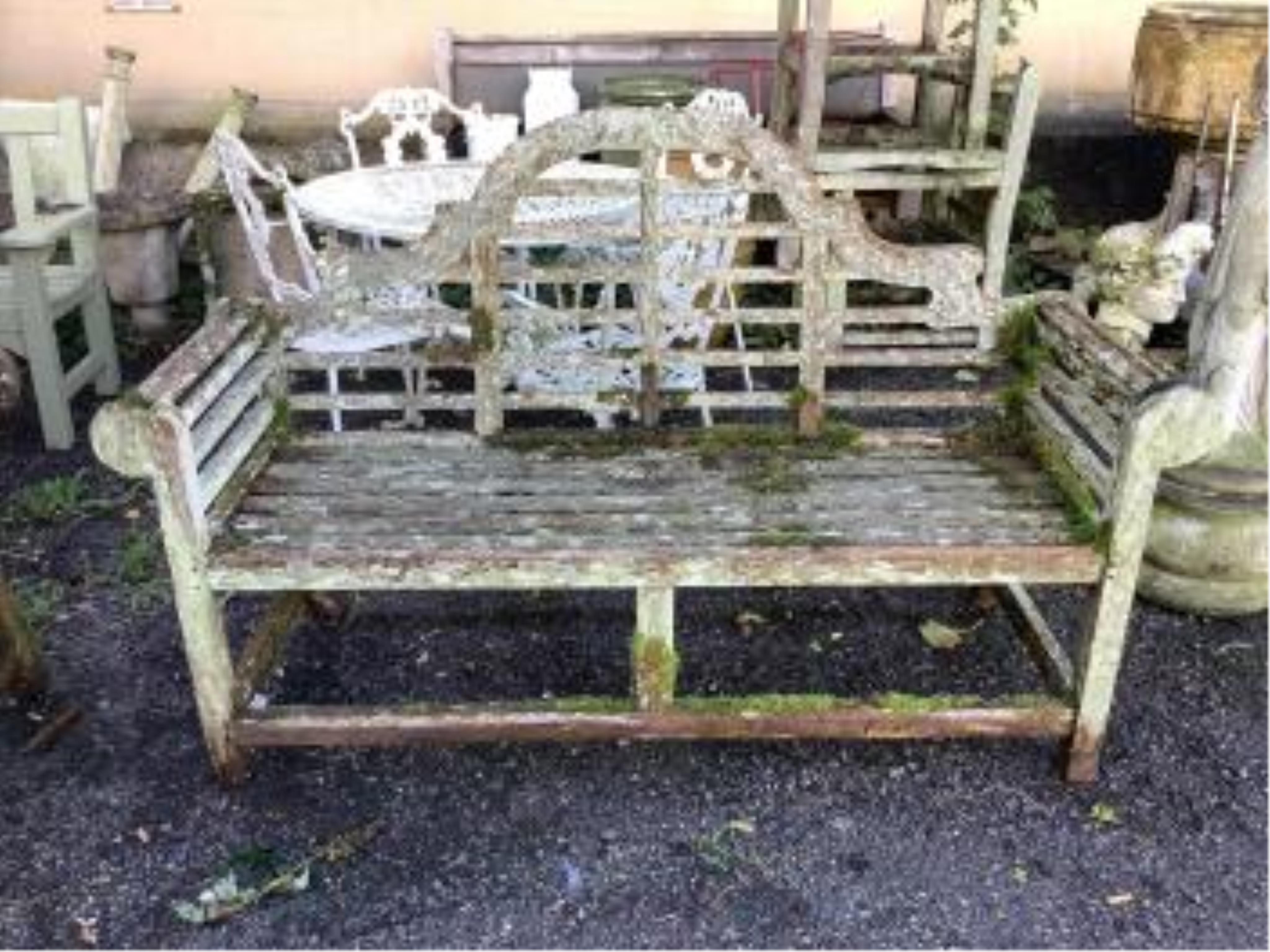 Three weathered teak Lutyens style garden benches, width 196cm, depth 57cm, height 104cm. Condition - poor, covered in lichen